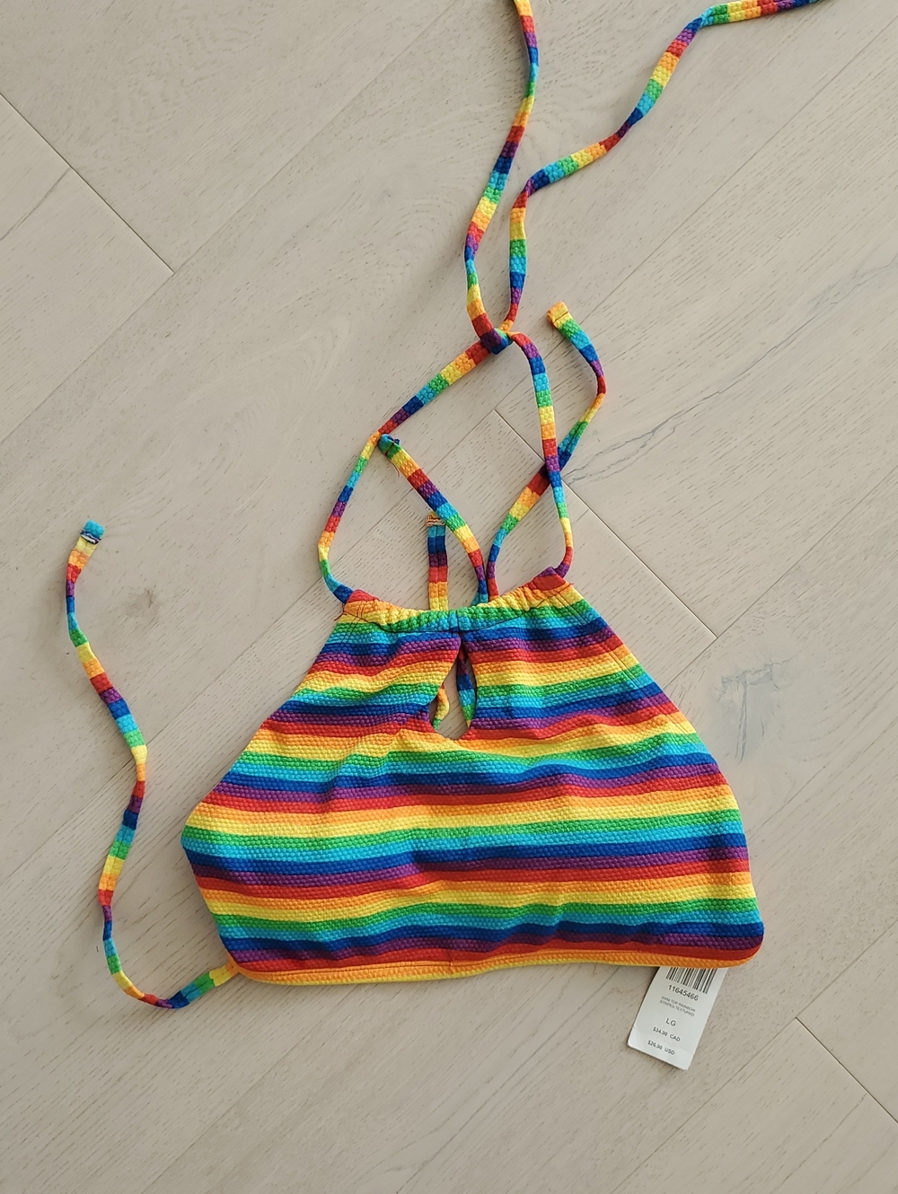 Hot Topic NWT- Rainbow Halter/Keyhole Bikini Top Honeycomb Ribbing Soft Sz. L